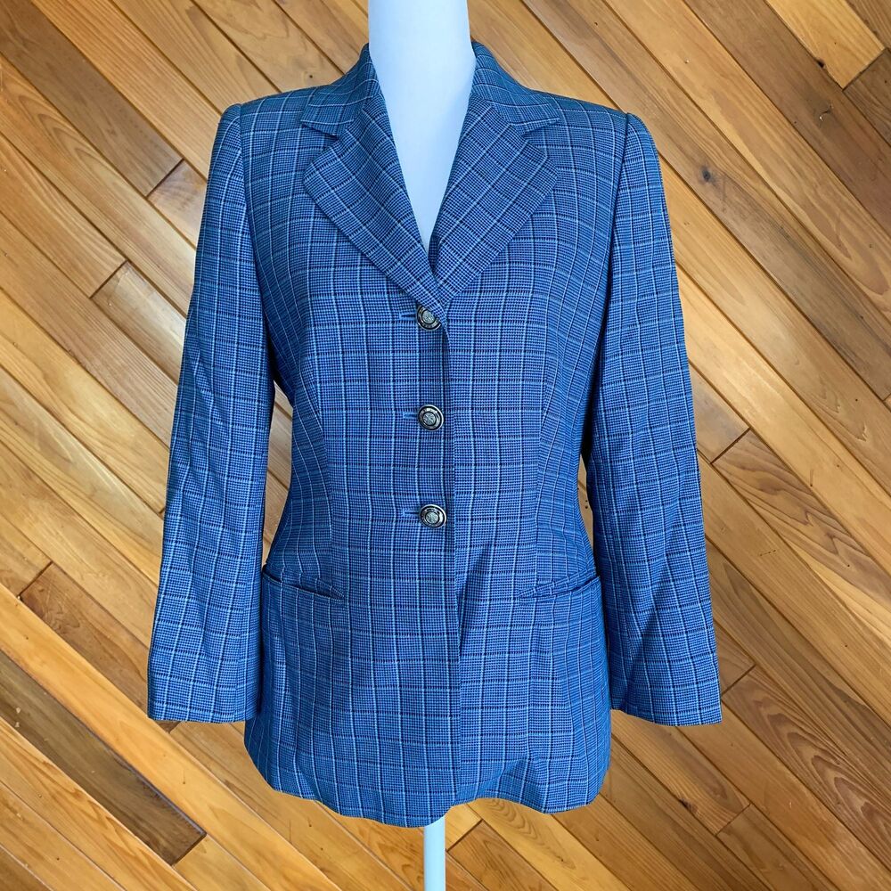 Vintage 80s Escada Blue Plaid Wool and Silk Blazer